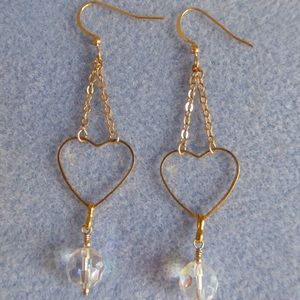 Gold Plated Hearts on Gold Plated Chain with Aurora Borealis Crystal Ball Drops